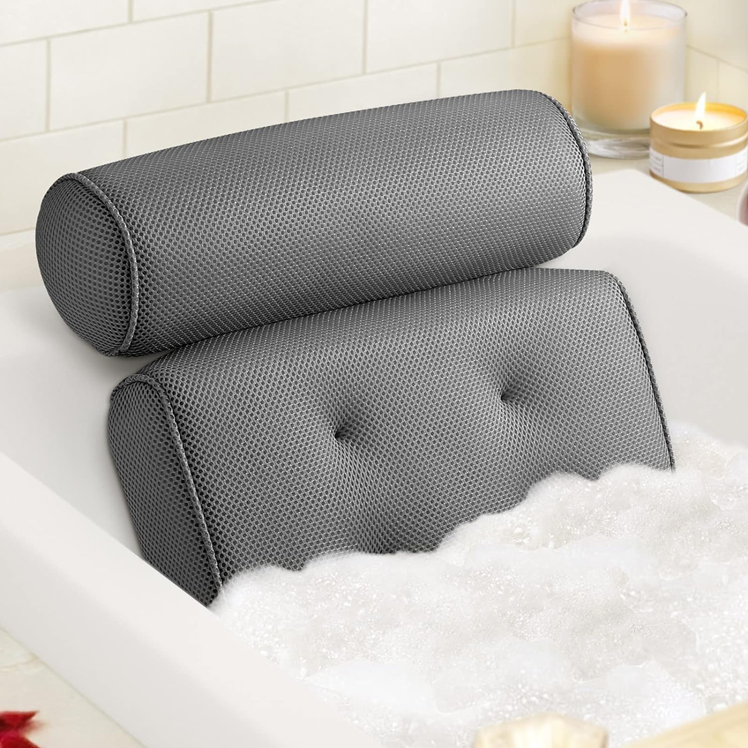 LuxStep Bath Pillow Bathtub Pillow with 6 Non-Slip Suction Cups,14.6x12.6 Inch, Extra Thick and Soft Air Mesh Pillow for Bath - Fits All Bathtub, Grey